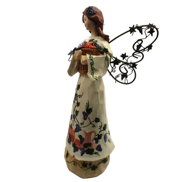 Autumn Angel Carved Wood Look Resin Metal Wings Fall Basket Cornucopia GUC - Picture 3 of 16